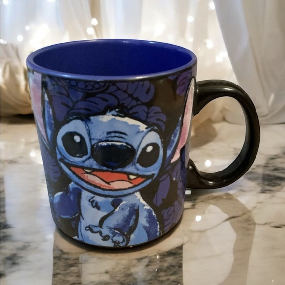 Disney Lilo & STITCH COFFEE MUG 20 oz Ceramic Floral Black Blue Sketch Art Jumbo - Picture 1 of 8